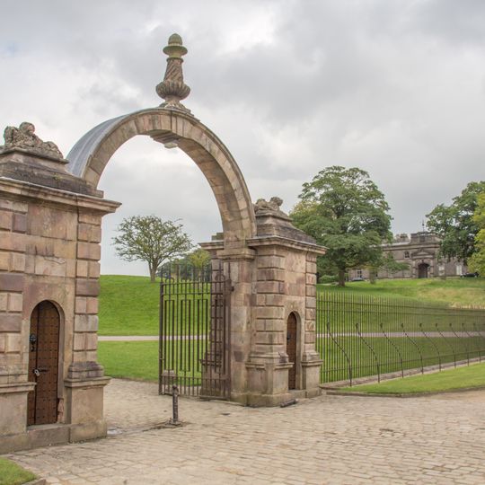 Gate piers, gates and railings, 48m north of north front of Lyme Park