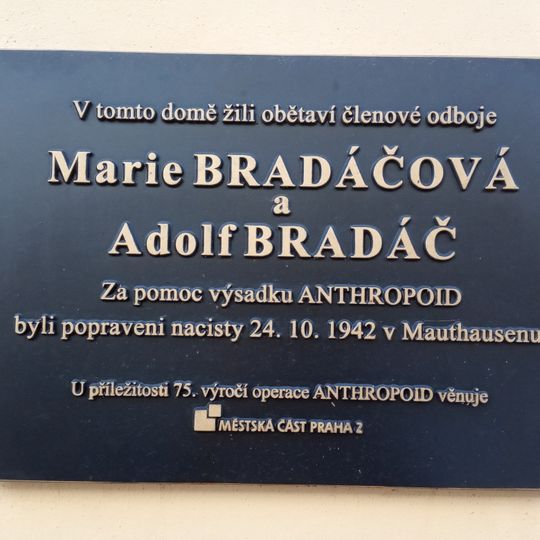 Plaque to Marie and Adolf Bradáč