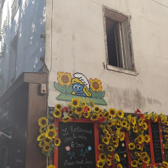 Schtroumpfette avec deux fleur jaune de chaques cotes