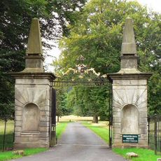 Outer gates and gate piers to Okeover Hall