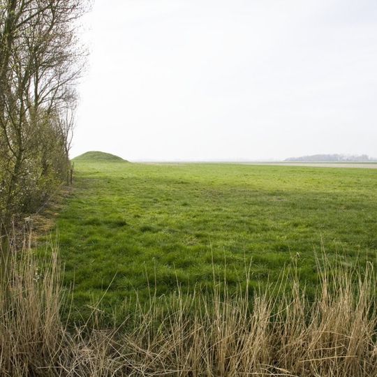 Door een gracht/kreek omgeven terrein waarin zich een vlucht/kasteelberg bevindt met aangrenzend een verhoogd gelegen voorburcht of bruggehoofd
