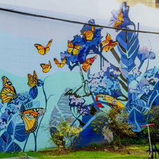 This 20--by-25 feet mural was inspired by Robert G. Ingersoll’s quote, “We Rise by Lifting Others” includes a scene of a migration of monarch butterflies using vibrant purples and blues atook about ten days to complete.