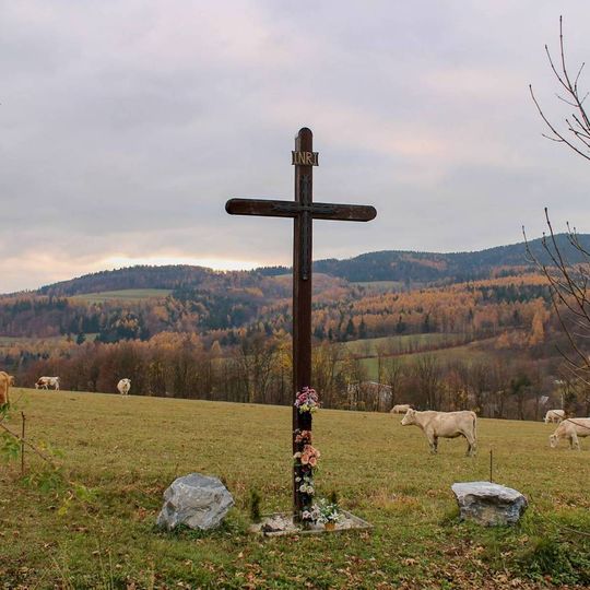 Dřevěný kříž v Janoušově vedle polní cesty