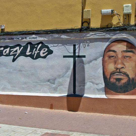 Mural dedicado a un vecino del barrio Portada Alta fallecido en accidente de tráfico. Presenta un retrato del homenajeado junto a una cruz cristiana, el texto «Crazy Life» y el lema «Sólo muere quien cae en el olvido!».