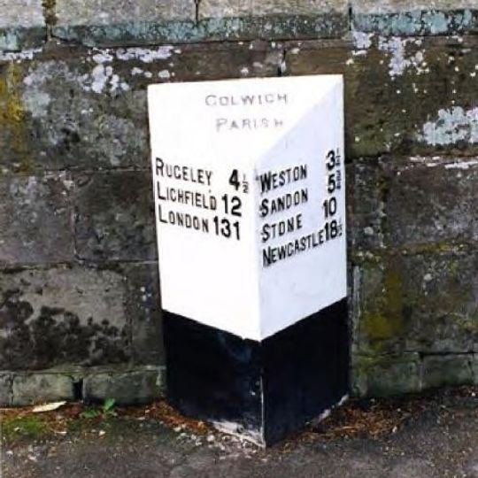 Milepost, Great Haywood village, by churchyard, opp. Elm Close