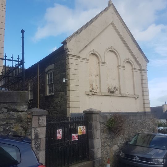 Sunday School at Capel Carmel, including forecourt wall and gates