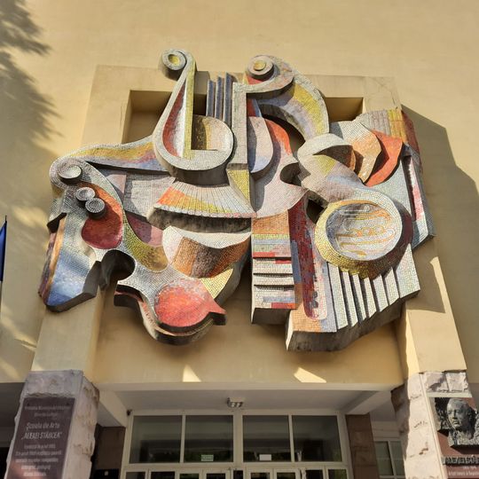 Mosaic on the facade of Alexei Stîrcea art school