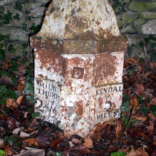 Milepost, slip road from A590, S end of Levens Bridge, N of Lawrence House Farm