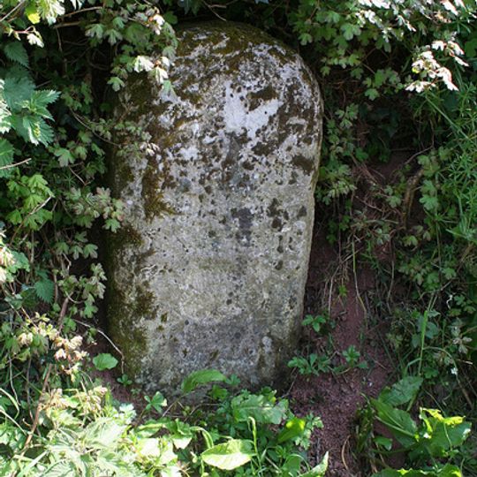 Milestone, decent into Shillingford Abbot from Alphington, 150m N of village sign